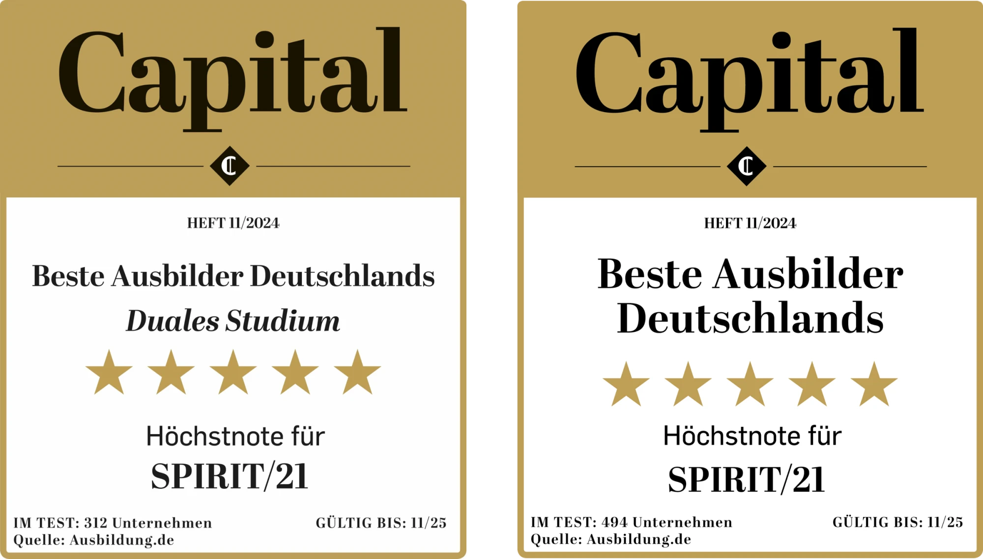 In dem Schaubild sind 2 Zertifikate der SPIRIT/21 zu sehen. Das linke Zertifikat ist ausgeschrieben f&uuml;r "Beste Ausbilder Deutschlands, 5 Sterne, H&ouml;chstnote f&uuml;r SPIRIT/21". Das rechte Zertifikat ist ausgeschrieben f&uuml;r "Beste Ausbilder Deutschlands Duales Studium, 5 Sterne, H&ouml;chstnote f&uuml;r SPIRIT/21". Beide Zertifikate sind ausgestellt von "Capital". | The diagram shows 2 certificates from SPIRIT/21. The certificate on the left is for &ldquo;Best trainers in Germany, 5 stars, top score for SPIRIT/21&rdquo;. The certificate on the right is advertised for &ldquo;Best trainers in Germany for dual studies, 5 stars, top score for SPIRIT/21&rdquo;. Both certificates are issued by &ldquo;Capital&rdquo;. | SPIRIT/21