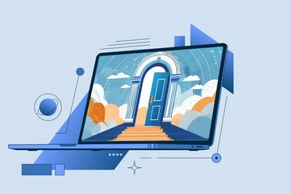 Laptop, auf dem eine Grafik zu sehen ist: Mitten in den Wolken &ouml;ffnet sich eine blaue T&uuml;r