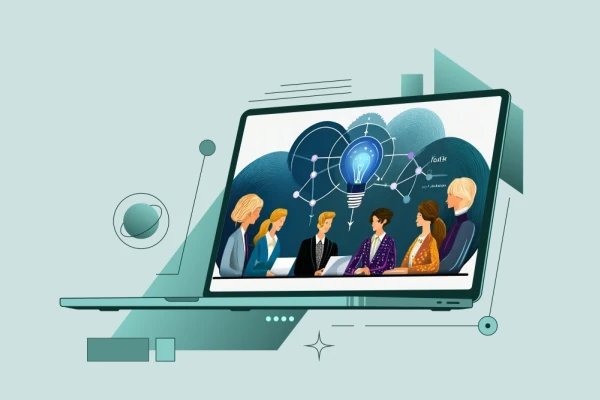 Ein Laptop mit Personen auf dem Display. In der Mitte schwebt eine blaue Gl&uuml;hbrine | SPIRIT/21