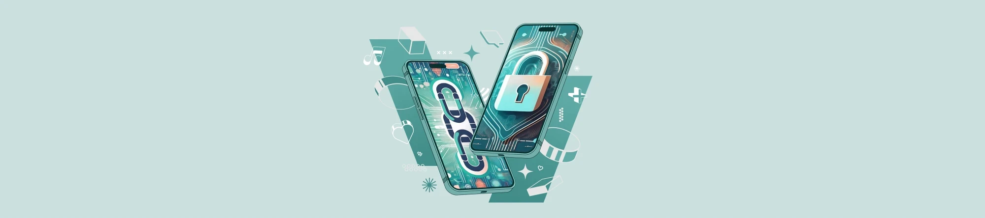 Zwei KI-genierte Smartphones mit einer einer Blockchain-Sicherheitskette und einem Vorh&auml;ngeschloss, welche IT-Sicherheit, Informationssicherheit und Cyber-Sicherheit symboliseren | SPIRIT/21