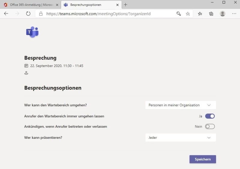 Teams: &Ouml;ffnet sich in einem Browser-Fenster: Die Besprechungsoptionen mit den wichtigen Einstellungen zu Wartebereich und Pr&auml;sentation | SPIRIT/21
