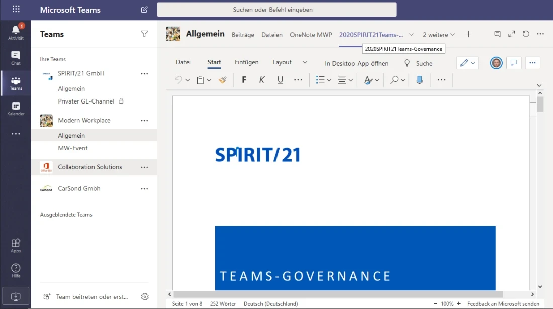 Integration eines Office-Dokumentes in die Registerkarte des zugeh&ouml;rigen Kanals.
