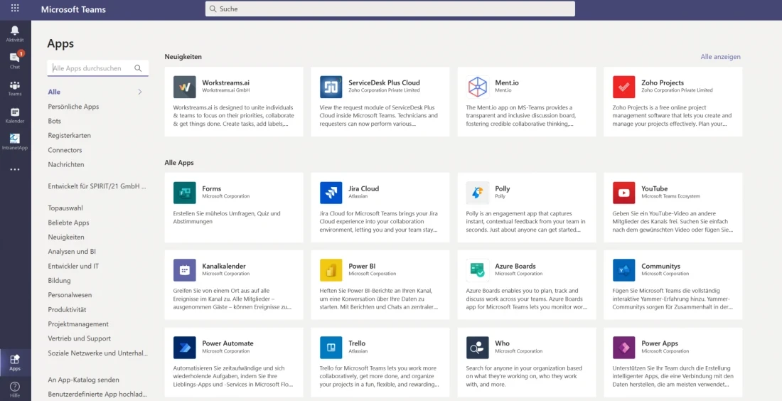 Der Navigation weitere Apps hinzuf&uuml;gen: Der App-Store ist gut gef&uuml;llt. Allerdings sollte die Teams-Governance definieren, welche Nutzergruppen welche Apps installieren und nutzen d&uuml;rfen | SPIRIT/21