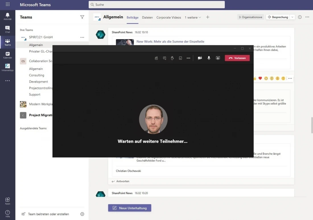 Das separate Besprechungsfenster im Desktop Client mit den &bdquo;Besprechungssteuerelementen&ldquo; rechts oben | SPIRIT/21