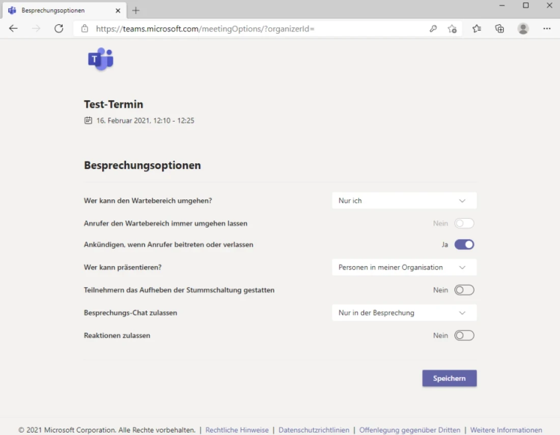 Mit den Besprechungsoptionen haben Organisator'innen die wichtigen Einstellungen zu Wartebereich und Pr&auml;sentation im Griff | SPIRIT/21