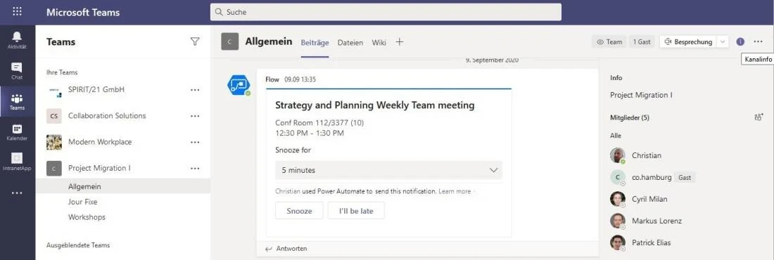 Rechts deutlich zu sehen: Die Kanalinfo mit allen Mitgliedern und G&auml;sten auf einen Blick. | SPIRIT/21
