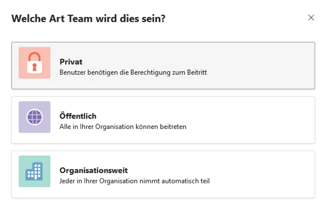 Die drei Team-Arten  auf MS Teams: Privat, &Ouml;ffentlich und Organisationsweis | SPIRIT/21