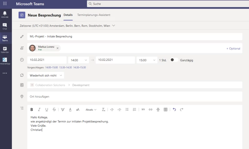 Screenshot Microsoft Teams: Eine Besprechungseinladung aus der Kanalkalender-App inklusive vorausgef&uuml;lltem Kanal   | SPIRIT/21