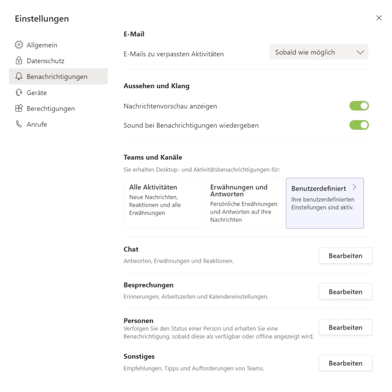 Screenshot Microsoft Teams: Die Benachrichtigungseinstellungen zeigen sich aktuell nun deutlich aufger&auml;umter. | SPIRIT/21