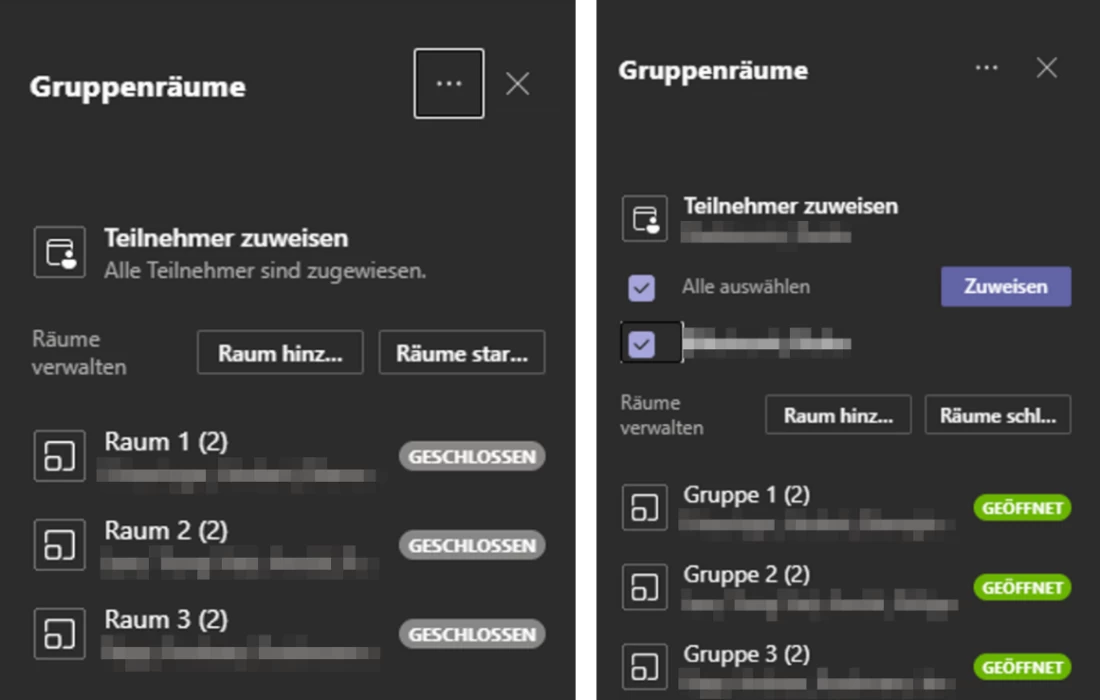Screenshot Microsoft Teams: Links: Die ersten Nutzer'innen sind bereits zugewiesen, die R&auml;ume aber noch nicht umbenannt und noch geschlossen. Rechts: Ein'e Nachz&uuml;gler'in wird einem der nun unbenannten und ge&ouml;ffneten R&auml;ume hinzugef&uuml;gt. | SPIRIT/21