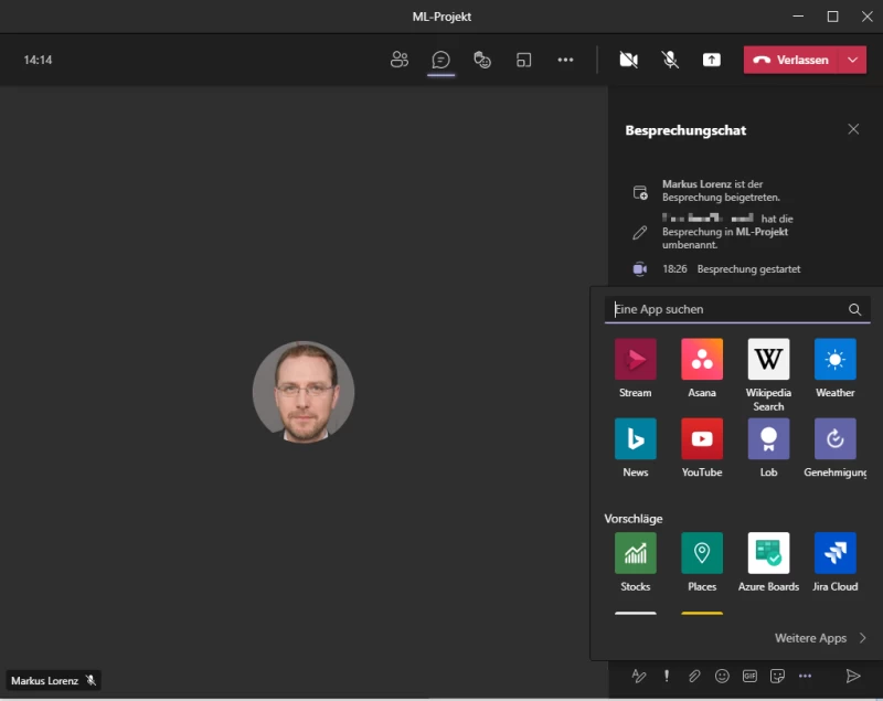 Screenshot Microsoft Teams: Apps in einer laufenden Besprechungen &uuml;ber den Besprechungschat hinzuf&uuml;gen.  | SPIRIT/21