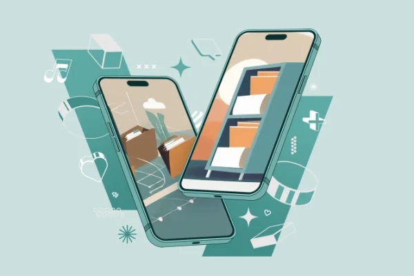 Zwei KI-generierte Smartphones vor gr&uuml;nem Hintergrund mit Akten auf dem Display, welche die Archivierung von Daten symbolisieren sollen | SPIRIT/21