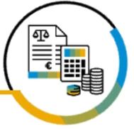 Icon SAP Prozesse Finanz; ein Dokument, Taschenrechner und Geldm&uuml;nzen umrandet von einem Kreis | SPIRIT/21