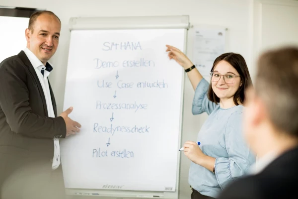 Ein Mann (links) und eine Frau (rechts) stehen vor einem Whiteboard und pr&auml;sentieren in gesch&auml;ftlichen Bereich das Thema SAP S/4HANA | SPIRIT/21