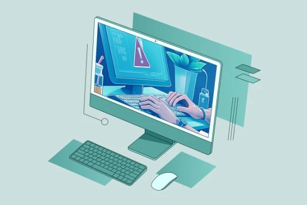 Grafik: H&auml;nde an einer Computertastatur. Auf dem Bildschirm ist eine Warnmeldung zu sehen.