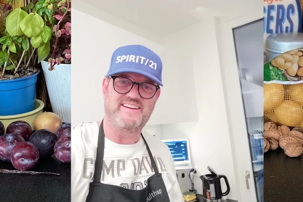 Links: Die Zutaten f&uuml;r das virtuelle Koch Event bei SPIRIT/21; Mitte: Selfie eines SPIRIT/21 Mitarbeiters mit eine SPIRIT/21 Cap; Rechts: Weitere Zutaten | SPIRIT/21