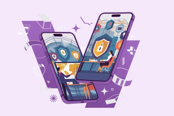 Banner mit zwei Smartphones in lila. Auf dem linken sind mehrere Sicherheits-Symbole und Personen zu sehen, auf dem rechten in Schlo&szlig; | SPIRIT/21