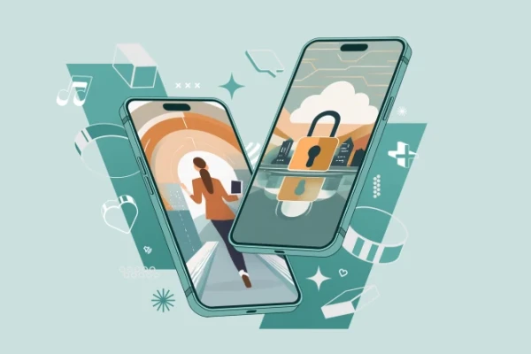 Zwei Smartphones; links ist eine Person mit Endger&auml;ten zu sehen und rechts ein Schlo&szlig;. Es symbolisiert Sicherheit bei der Datenverarbeitung | SPIRIT/21