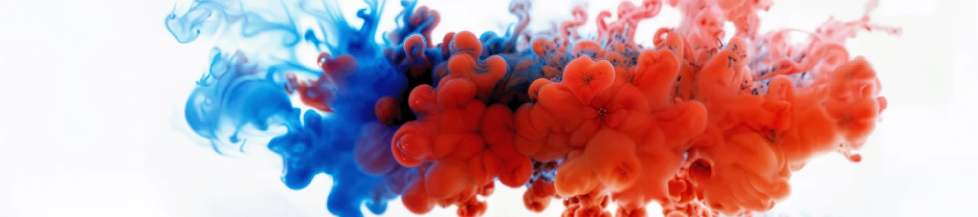 Symbol der Rivalit&auml;t und des Kampfes oder der Verschmelzung einer Verbindung. Tinte in Wasser rot und blau isoliert auf wei&szlig; | SPIRIT/21