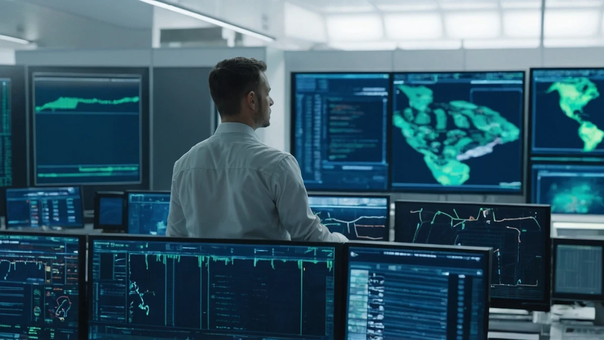 Ein Mann steht in einem Kontollraum mit vielen Computern. Auf den COmputern sind unterschiedliche Daten zu sehen | SPIRIT/21