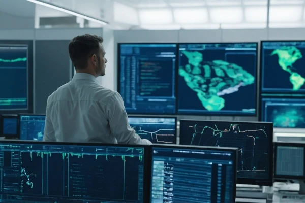 Ein Mann steht in einem Kontollraum mit vielen Computern. Auf den COmputern sind unterschiedliche Daten zu sehen | SPIRIT/21