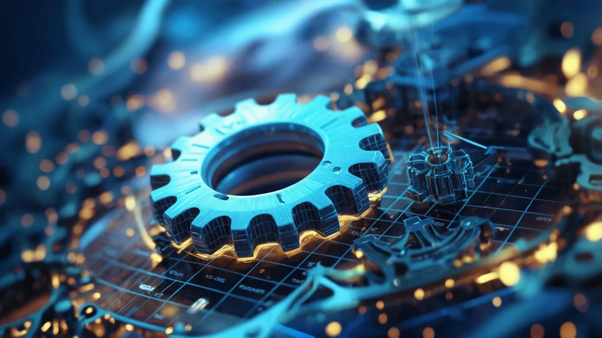 Ein Zahnrad vor futuristischen Hintergrund symbolisiert die Zusammenarbeit von Legacy-Systemen | SPIRIT/21