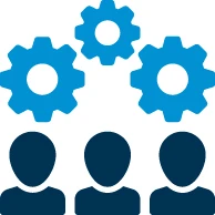 Icon: Drei Zahnr&auml;der in hellblau schweben &uuml;ber drei dunkelblauen Personen | SPIRIT/21