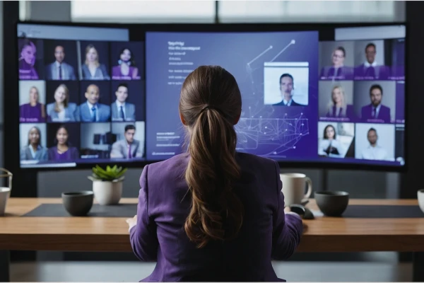 Über-die-Schulter-Blick einer Frau, die über ein Online-Video mit einer Gruppe von Geschäftsleuten spricht | SPIRIT/21