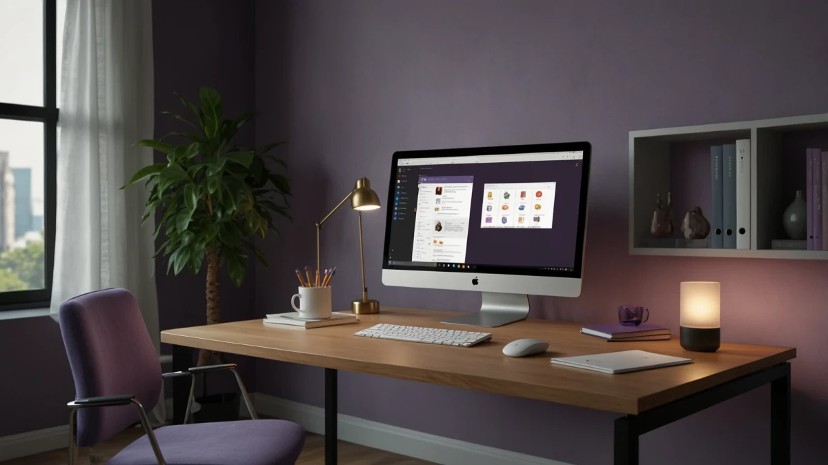 Ein modernes und minimalistisches B&uuml;ro mit neuer Hardware und einem Videoanruf auf dem Desktop des Computers. | SPIRIT/21