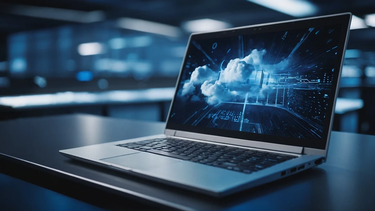 Ein Laptop steht inmitten eines Serverraums. Auf dem Display sind Wolken zu sehen | SPIRIT/21