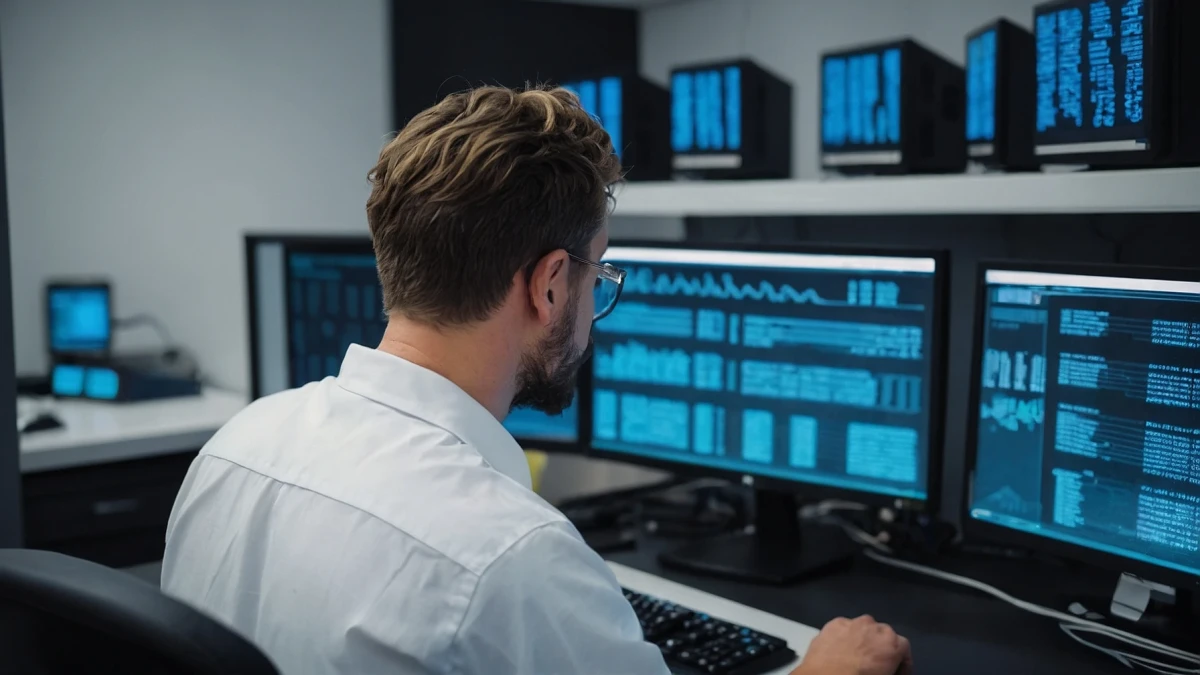 ber-die-Schulter-Blick auf einen konzentrierten IT-Spezialisten bei der Datenwiederherstellung, der sorgf&auml;ltig wichtige Informationen auf mehreren Bildschirmen abruft | SPIRIT/21