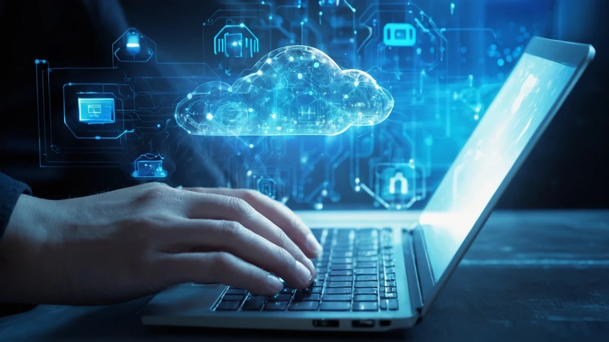 Ein Laptop &uuml;ber dem eine holographische Wolke schwebt | SPIRIT/21