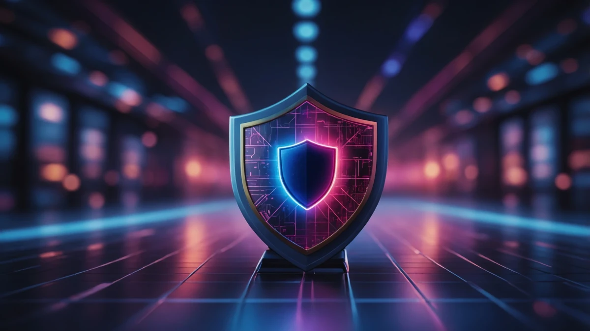 Das Bild ist ein digitales Kunstwerk, das ein Schild mit einem Vorh&auml;ngeschloss-Symbol in der Mitte zeigt, das Cybersicherheit durch Firewalls symbolisiert. Das Schild befindet sich in der Mitte des Bildes und leuchtet in kr&auml;ftigen Pink-, Lila- und Blaut&ouml;nen. | SPIRIT/21