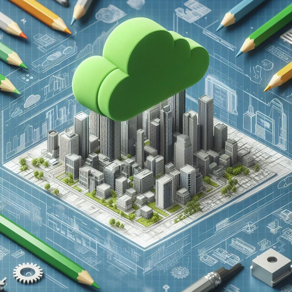 KI generiertes Bild mit einer gr&uuml;nen Wolke, welche &uuml;ber einer Stadt schwebt. Am Rand liegen verschiedene Malstifte | SPIRIT/21